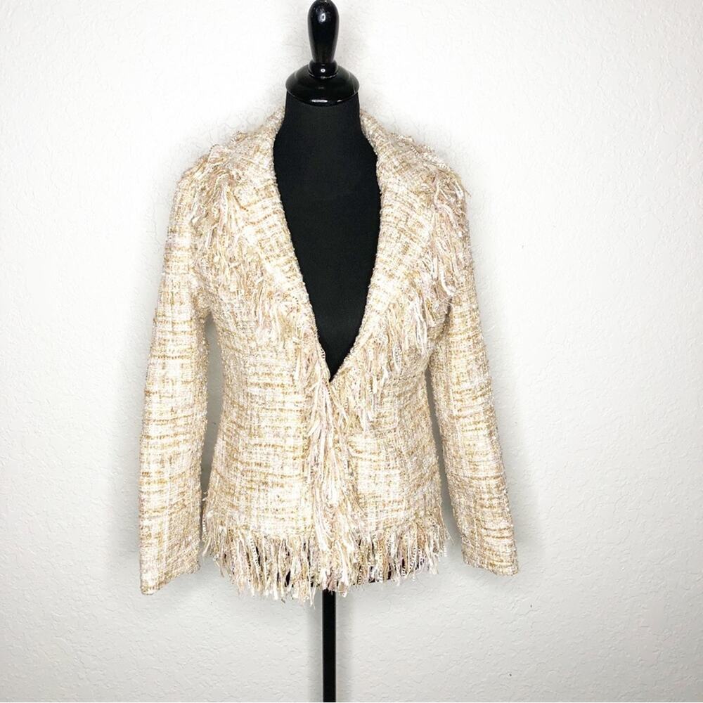 Boston Proper cream pink gold metallic tweed fringe trim blazer size 6